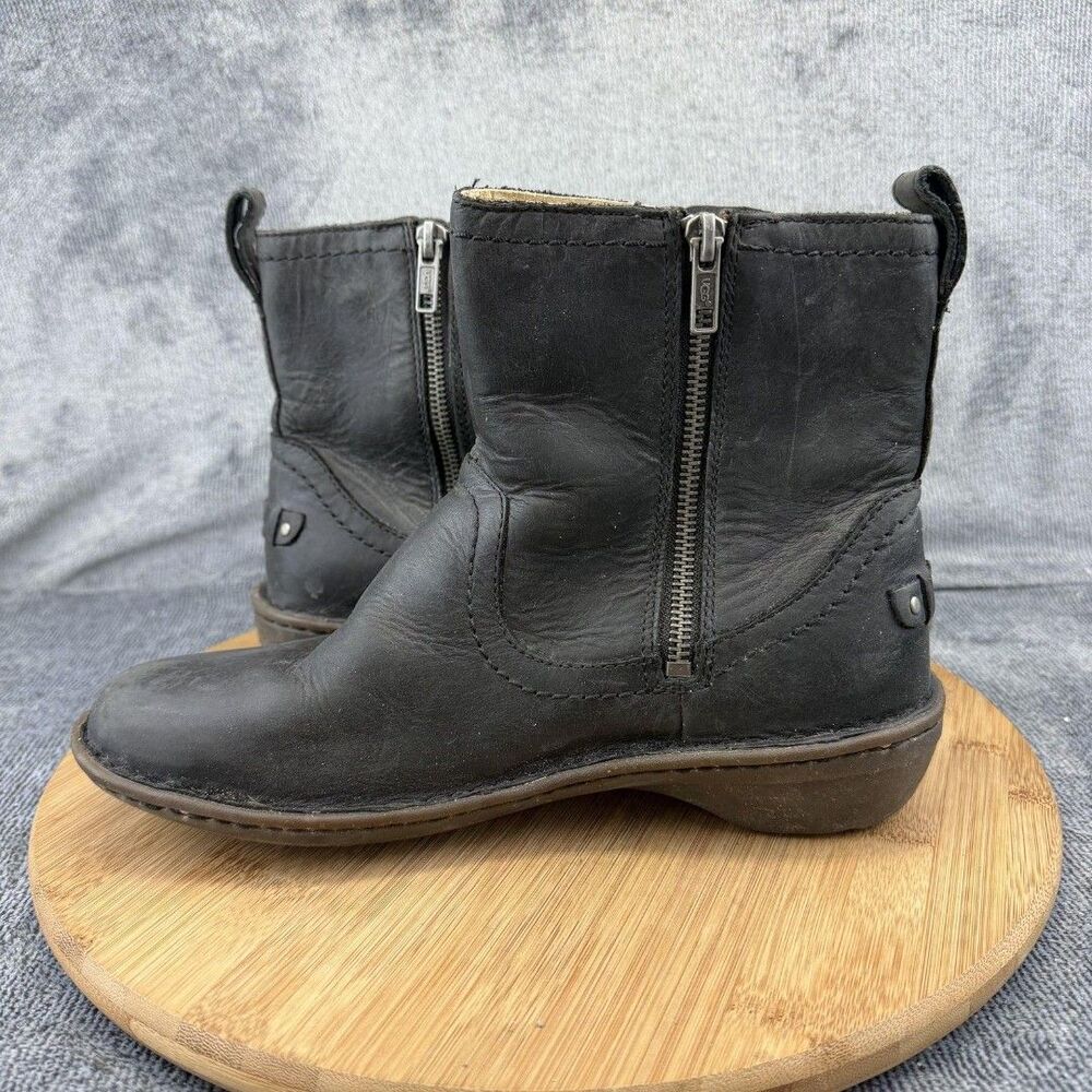 UGG Boots Womens Size 8 Black Leather Shearling Lined Ankle Zip Booties 1004177 - Picture 6 of 9